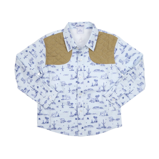 BlueQuail Clothing Co Long Sleeve Shirt - Terlingua Ranch A long-sleeve western-style shirt with a white base, blue desert animal and cactus print, and tan quilted yoke panels on the shoulders, shown flat against a white background.