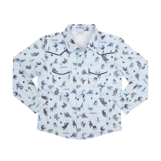 BlueQuail Clothing Co Pearl Snap Long Sleeve Shirt - Rodeo
A long-sleeve western-style button-up shirt in white, featuring an all-over print of cowboy and cowgirl figures on horseback, with brown piping details on the chest pockets and collar.