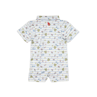 BlueQuail Clothing Co Polo Short Sleeve Romper - 7th Inning Stretch
Baby romper with cartoon print on a white background