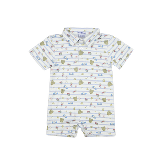 BlueQuail Clothing Co Polo Short Sleeve Romper - 7th Inning Stretch
Baby romper with car pattern on a white background