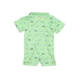BlueQuail Clothing Co Polo Short Sleeve Romper - Dogwood
Green baby romper with printed design on a white background
