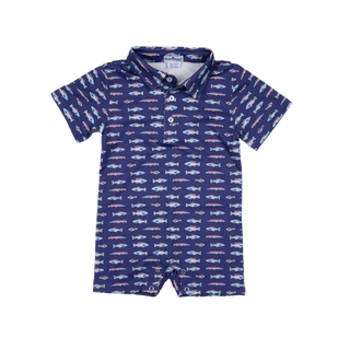 BlueQuail Clothing Co Polo Short Sleeve Romper - Freshwater
Navy romper with fish pattern on a white background