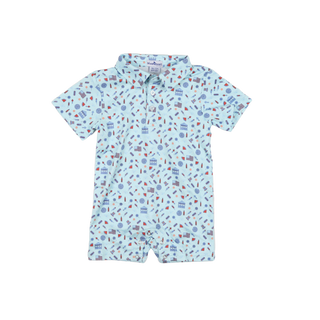 BlueQuail Clothing Co Polo Short Sleeve Romper - Stars & Stripes
Baby romper with colorful pattern on a white background