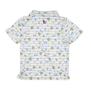 BlueQuail Clothing Co Polo Short Sleeve Shirt - 7th Inning Stretch
Folded baby shirt with cartoon design on a white background
