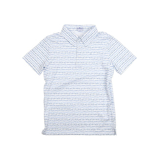 BlueQuail Clothing Co Polo Short Sleeve Shirt - Barbwire A short-sleeve polo shirt with a white base and thin, repeating blue horizontal wavy stripes, laid flat against a light off-white background.