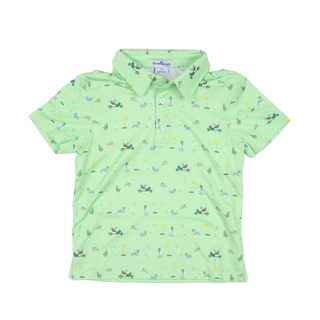 BlueQuail Clothing Co Polo Short Sleeve Shirt - Dogwood
Green polo shirt with small patterns on a white background