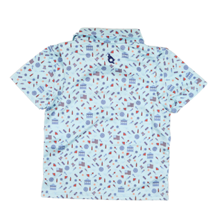 BlueQuail Clothing Co Polo Short Sleeve Shirt - Stars & Stripes
Children's shirt with a pattern of small icons on a light blue background