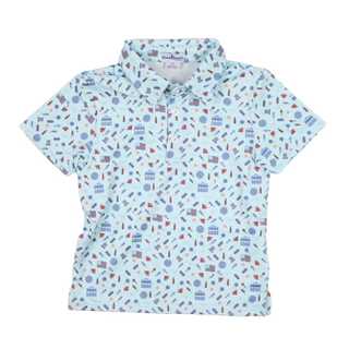 BlueQuail Clothing Co Polo Short Sleeve Shirt - Stars & Stripes 
Children's polo shirt with a pattern on a white background