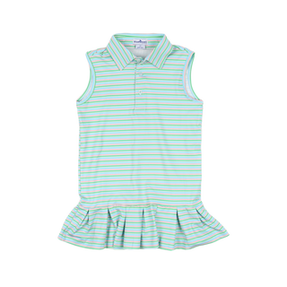 BlueQuail Clothing Co Polo Sleeveless Dress - Sherbet Stripe
Green and white striped sleeveless dress with a ruffled skirt on a white background