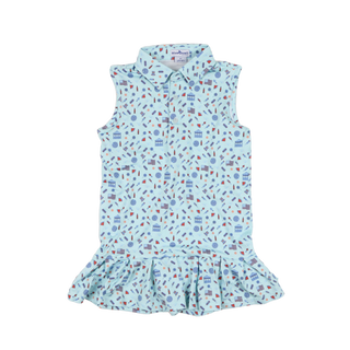 BlueQuail Clothing Co Polo Sleeveless Dress - Stars & Stripes
Light blue sleeveless dress with colorful pattern on a white background