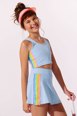 Blue Lola and The Boys Rainbow Sherbet Sequin Tennis Set, vibrant activewear with colorful sequins, perfect for sports or casual wear.