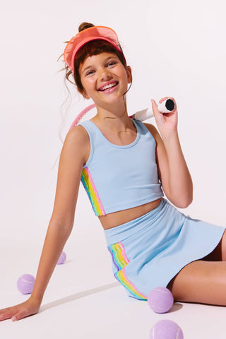 Blue Lola & the Boys Rainbow Sherbet Sequin Tennis Set, activewear with colorful sequins and comfortable fit, shown on a model.