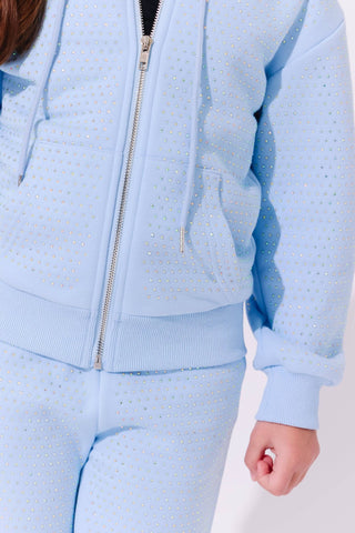 Lola and The Boys Blue Taylor Crystal Set
Light blue textured zip-up hoodie and pants on a white background