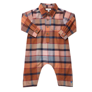 Blue Rooster Baby Boys Easton Jumper - Hayride Plaid
A long-sleeve baby romper in a warm-toned plaid pattern featuring orange, brown, beige, and navy blue, laid flat on a white background.