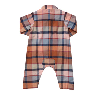 Blue Rooster Baby Boys Easton Jumper - Hayride Plaid
A long-sleeve baby romper shown from the back, featuring a multi-colored plaid pattern in shades of orange, brown, beige, and blue on a white background.