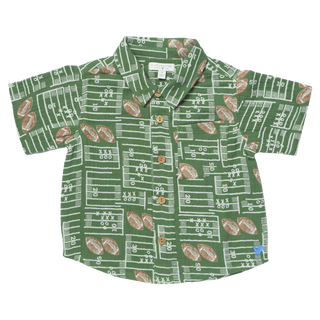 Blue Rooster Boys Jack Shirt - Football Field
A short-sleeve button-up shirt for kids, featuring an all-over football field and football print in green, white, and brown, laid flat against a white background.