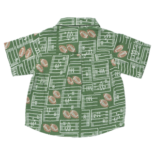 Blue Rooster Boys Jack Shirt - Football Field
A short-sleeve button-up shirt for kids, featuring a green and white football field pattern with brown footballs scattered throughout, shown flat on a white background.
