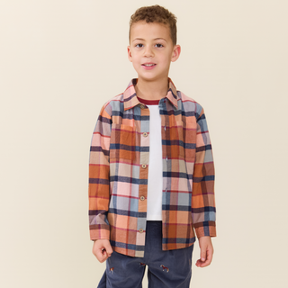 Blue Rooster Boys Long Sleeve Jack Shirt - Hayride Plaid
A young boy modeling a long-sleeve plaid button-up shirt over a white t-shirt and navy pants, set against a solid light beige background.