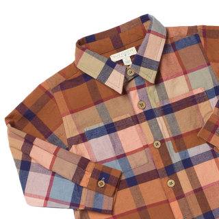 Blue Rooster Boys Long Sleeve Jack Shirt - Hayride Plaid
A long-sleeve plaid button-up shirt for kids, featuring a warm autumn color palette of rust orange, dusty pink, navy blue, and beige, laid flat on a white background.