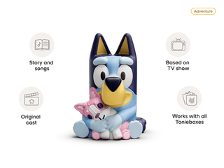 Set of three Bluey Tonies toys in a colorful box, featuring Bluey characters from the popular toy brand Tonies.
