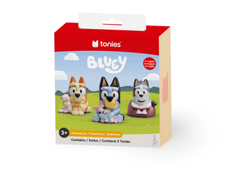 Set of three Bluey Tonies toys from the Tonies brand, featuring Bluey characters in a colorful toy pack.