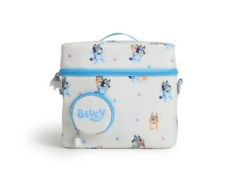 Bluey-themed Toniebox Listen & Go carrying case by Tonies, featuring a blue and white design with Bluey characters for portable storage.