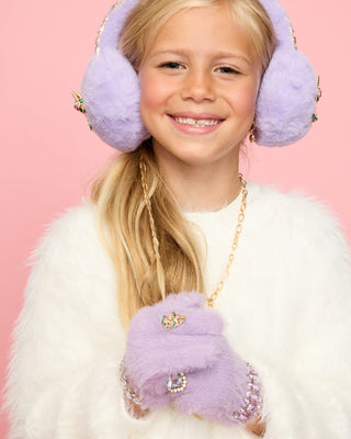 Super Smalls Lavender Dreams Jeweled Gloves
Young girl wearing lavender earmuffs and matching gloves against a pink background