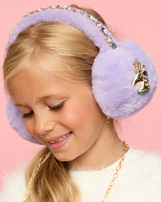 Super Smalls Lavender Dreams Earmuffs
Young girl wearing lavender earmuffs with a decorative horse brooch on a pink background