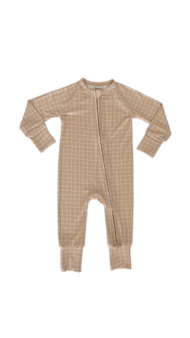 In My Jammers Tan Grid Zipper Romper, In My Jammers, Bamboo, Bamboo Pajamas, cf-size-0-3-months, cf-size-12-18-months, cf-size-18-24-months, cf-size-3-6-months, cf-size-6-9-months, cf-size-9-