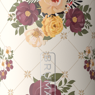 Brumate - Quilted Florals
A close-up of a floral-patterned surface, likely wallpaper or a decorative print, featuring large mauve, yellow, and cream flowers with green leaves on a light beige background with a subtle diamond lattice pattern. The word 'BRITMAID' is printed vertically in a metallic silver font near the center.