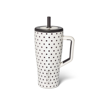 Brumate Era 30oz - Polka Pearl
A white ceramic travel tumbler with black polka dots, featuring a matching white handle, black lid rim, and a black straw, shown on a clean white background.