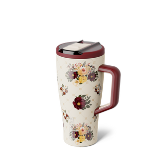 Brumate Era Flip 30oz - Quilted Florals
A travel tumbler with a cream-colored body decorated with a floral bouquet pattern, featuring a dark red handle and lid trim, and a clear flip-top lid.