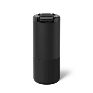 Brumate Strova 18oz matte black insulated cup with a sleek design and spill-resistant lid.