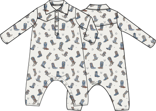 Angel Dear Long Sleeve Cowboy Romper - Buckaroo Boots
Baby romper with cowboy boot pattern on a white background