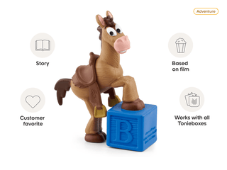 Tonies Character - Disney and Pixar Toy Story 5: Bullseye
Toy horse figure on a blue block with features listed on a white background