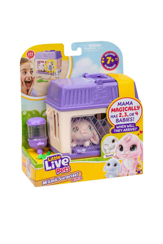 Little Live Pets™ Mama Surprise Minis Playset Bunny Toy packaging for 'Live Pets' with a purple and yellow design on a white background