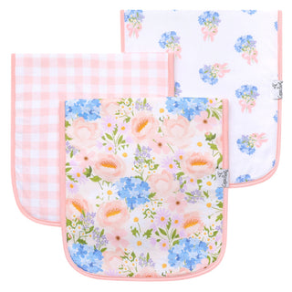 Copper Pearl Burp Cloth Set - Penelope
Set of two baby bibs with floral and checkered patterns on a white background
