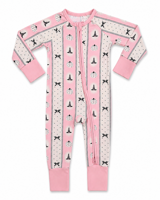 In My Jammers Zipper Romper - Pretty Little Pumpkin
A pink and white long-sleeve baby footed sleeper with a front zipper, featuring vertical stripes of small black bows and shell motifs on a white polka-dot background.