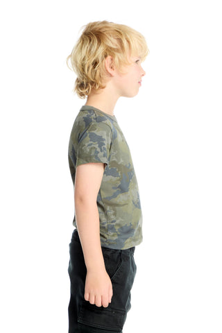 Chaser Dino Camo Tee Child wearing a camouflage t-shirt on a white background