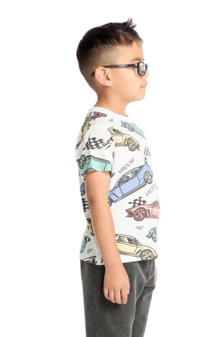 Chaser Extreme Speed Racing Tee
Child wearing a t-shirt with car prints on a white background
