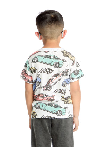 Chaser Extreme Speed Racing Tee
Child wearing a t-shirt with car prints on a white background