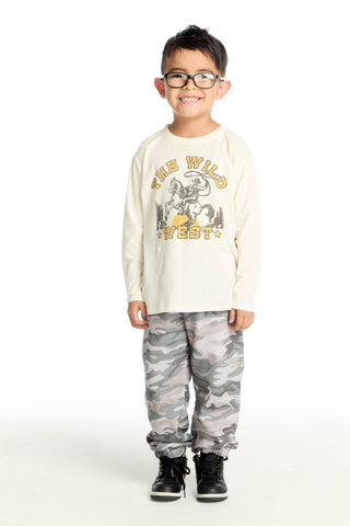 Chaser The Wild West Long Sleeve Tee
Child wearing a long-sleeve shirt with a graphic design and camouflage pants on a white background
