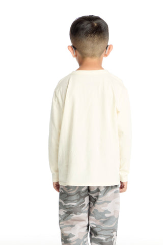 Chaser The Wild West Long Sleeve Tee
Child wearing a cream long-sleeve shirt and camouflage pants on a white background