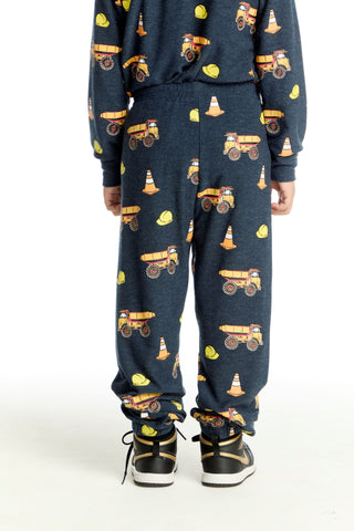 Chaser Construction Trucks Pants
Children's navy blue pajama set with construction vehicle pattern on a white background