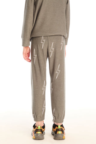 Chaser Allover Bolts Pants
Person wearing olive green pants with white lightning bolt patterns on a white background