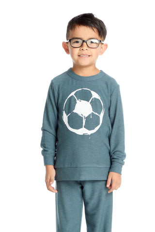 Chaser Goal Getter Long Sleeve Pullover
Child wearing a teal sweatshirt with a soccer ball design on a white background