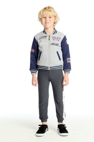 Chaser Navy and Heather Gray Boys Jacket Child wearing a gray and navy tracksuit with visible branding on a white background