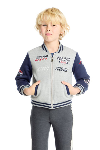 Chaser Navy and Heather Gray Boys Jacket Child wearing a gray and navy jacket with racing-themed designs on a white background