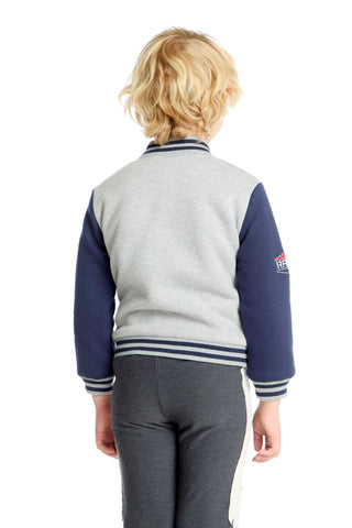 Chaser Navy and Heather Gray Boys Jacket Child wearing a gray and navy varsity jacket on a white background
