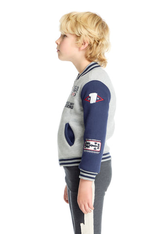 Chaser Navy and Heather Gray Boys Jacket Child wearing a gray and blue varsity jacket with various patches on a white background
